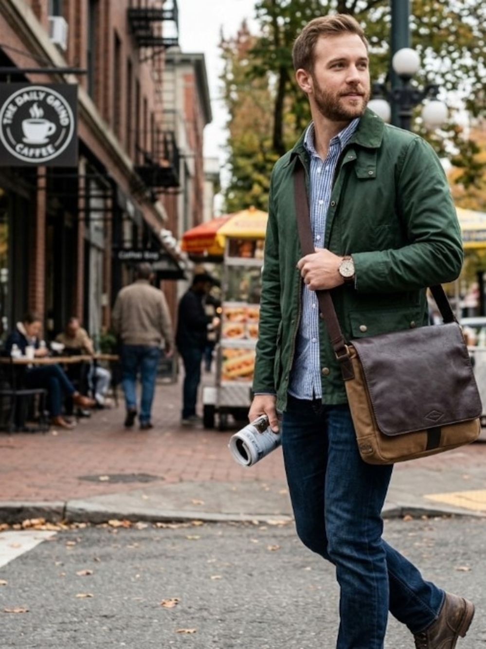 #F11 Men's Two-Tone Brown Leather Canvas Messenger Bag - Unisex